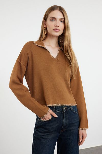 Trendyol Collection Pololímeček Camel Bavlněný svetr - Wide Fit Twoaw24Kz00981
