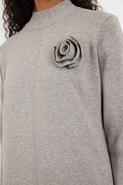 Trendyol Modest Πλεκτό Φόρεμα - Λεπτομέρεια λουλουδιών Mink, TCTAW25EB00049