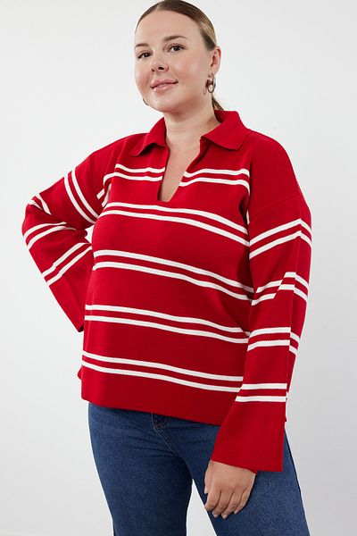 Trendyol Curve Knitwear Red Striped Sweater - TBBAW24AN00013