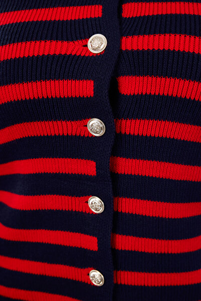 Trendyol Curve Navy Blue-Red Striped Jacket Look Knitwear Cardigan Tbbaw24Av00011