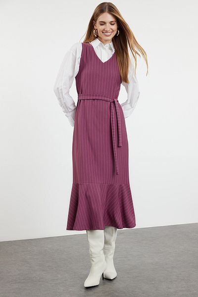 Trendyol Modest Szőtt szilva csíkos aranyozott ruha - TCTSS24EB00287