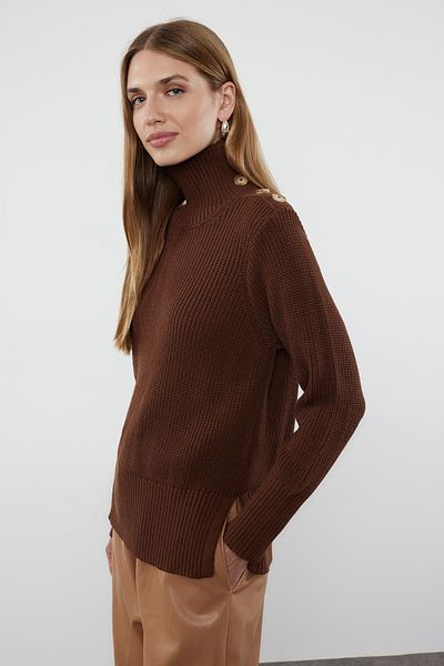 Trendyol Collection Pletený svetr – hnědý, Detail knoflíku, Twoaw25Kz00123