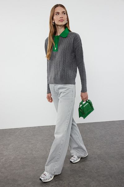 Trendyol Collection Polo Collar Anthracite Knitwear Sweater - Soft Texture, Color Block Twoaw25Kz00029