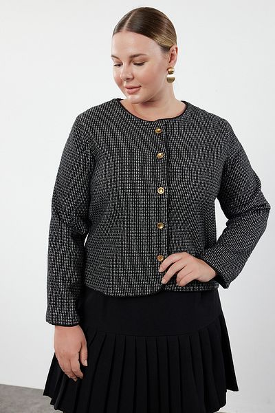 Trendyol Curve Tweed-Jacke mit Knöpfen - Schwarz-weiß kariert, gefüttert TBBAW25AG00000