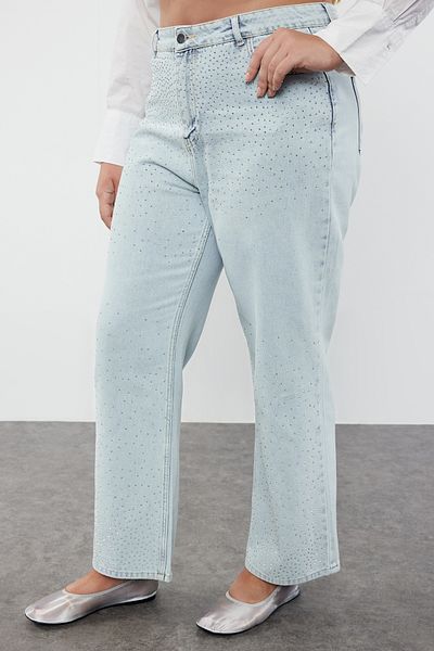 Trendyol Curve Blaue Jeans mit hoher Taille und gerader Passform in Steinoptik TBBAW25CJ00000