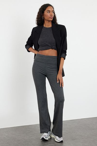 Trendyol Collection Flexible Anthracite Melange Flare Trousers - Spanish Leg, Waist Detail, Interlock Knitted TWOAW25PL00005