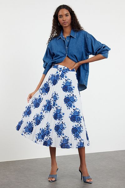 Trendyol Collection Темно-синя плісирована спідниця з візерунком Gul TWOSS24ET00264