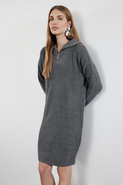 Trendyol Collection Antracit mini kötöttáru cipzáras ruha TWOAW24EL00062