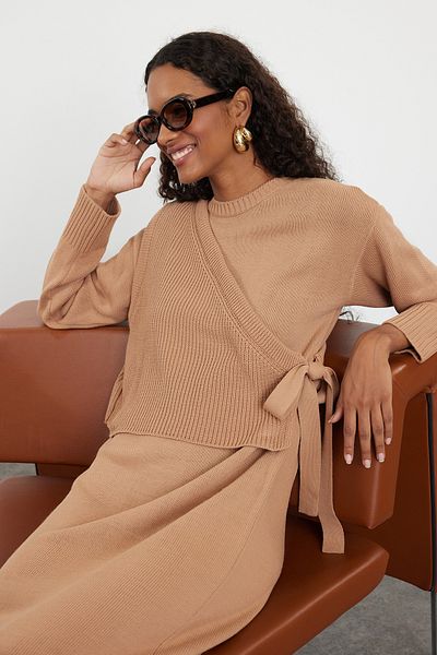 Trendyol Modest Camel Knitwear Cardigan and Dress Set - TCTAW25US00000