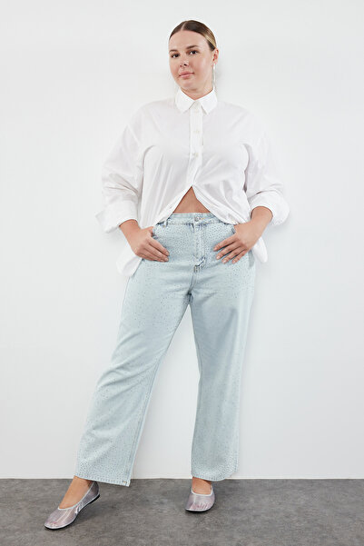 Trendyol Curve Blugi albaștri cu talie înaltă Stone Straight Fit TBBAW25CJ00000