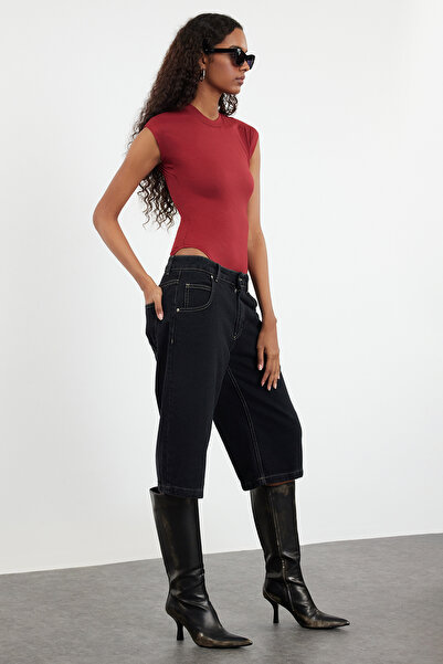 Trendyol Collection Βουργουνδία Εφαρμοσμένο/Εφαρμοσμένο μακρυμάνικο γιακά όρθιο ελαστικό κούμπωμα Πλεκτό κορμάκι TWOAW25BD00003