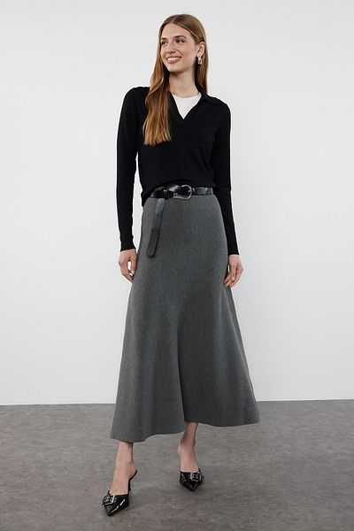 Trendyol Collection Szürke Mercerized Look prémium fonal/különleges fonal Midi kötöttáru szoknya TWOAW25ET00005
