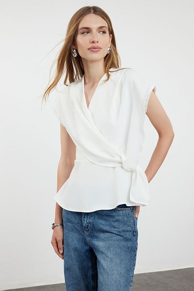 Trendyol Collection Ecru Woven Blouse with Knot Detail - TWOAW25BZ00046