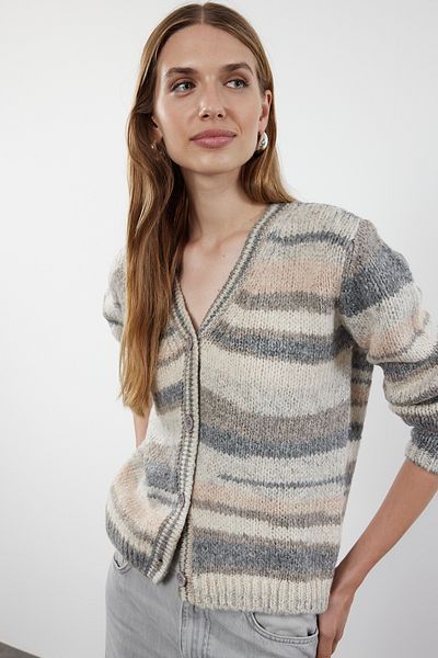 Trendyol Collection Barevně blokovaný šedý pletený cardigan - měkká textura Twoaw25Hi00197