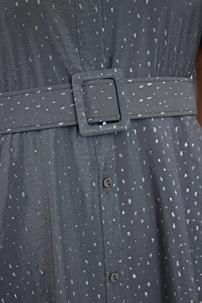 Edit by Trendyol Glittery Anthracite Viscose Midi Shirt Dress - Belted, Woven Twoaw25el00466