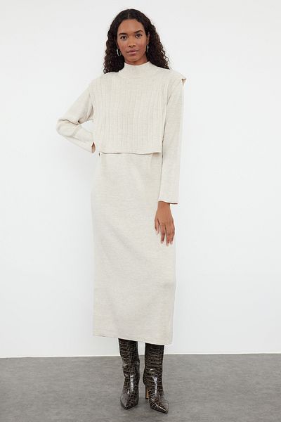 Trendyol Modest Kötött pulóver és ruha szett - Stone Tctaw25us00058