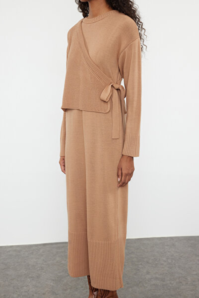Trendyol Modest Camel Knitwear Cardigan and Dress Set - TCTAW25US00000