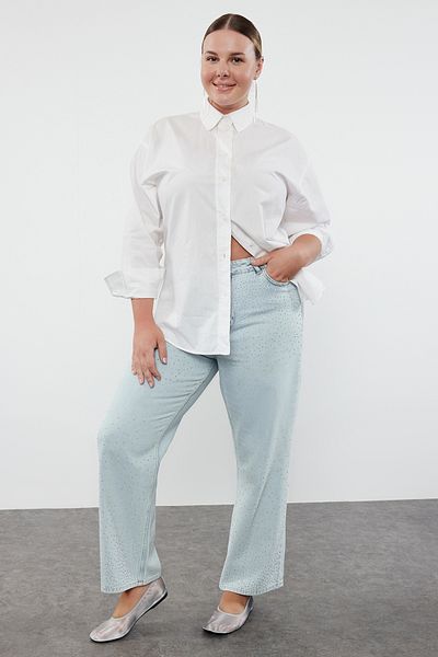 Trendyol Curve Blaue Jeans mit hoher Taille und gerader Passform in Steinoptik TBBAW25CJ00000