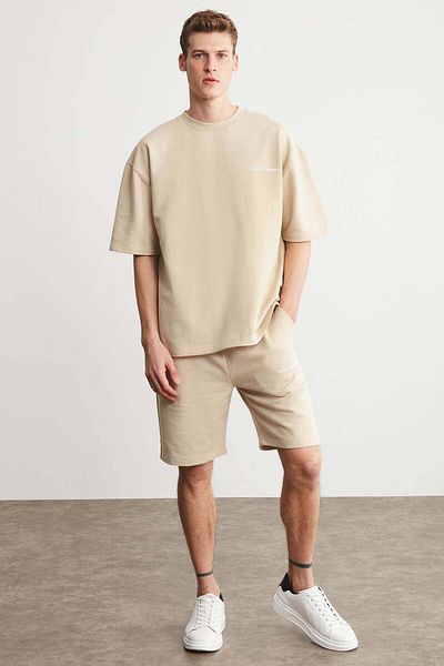 GRIMELANGE Colombia Herren-Set, 2 Stück, bequeme Passform, bequeme Passform, Text-Stickerei, ungefalteter Beige-Trainingsanzug