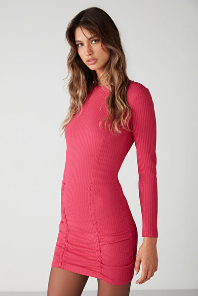 GRIMELANGE Belissa Kadın Geniş Fitilli Esnek Kumaşlı Vücudu Saran Bodycon Buzgülü Mini Fuşya Elbise