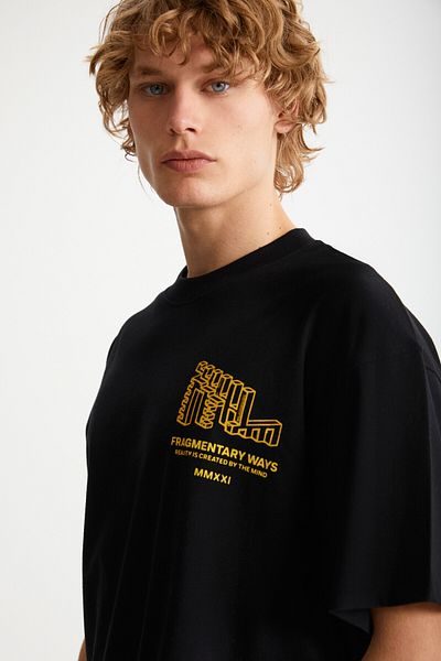 GRIMELANGE Beal Men's Back Print Detailed Oversize Fit Loose Cut 100% Organic Cotton Knitted Short Sleeve Black T-Shirt