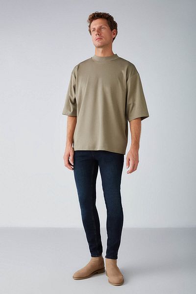 GRIMELANGE Ascolı Men's Oversize Fit Special Thick Textured Fabric High Collar Khaki T-shirt