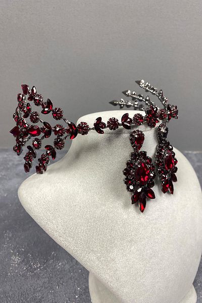 Hayalperest boncuk Claret Red Helenist Double Sided Bridal Henna Crown and Jewelled Earring Set