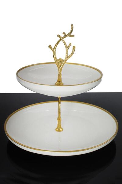 Efegil Porselen Gold Detaylı 2 Katlı Sunumluk