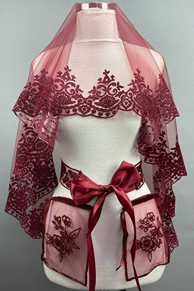 Hayalperest boncuk Bordo Bade Simli Gelin Kına Duvağı Yüz Örtüsü