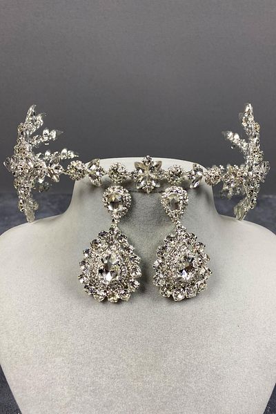 Hayalperest boncuk Silver Hellenist Bridal Henna Crown and Shuttle Earring Set