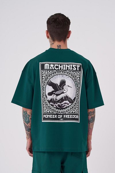 Machinist Men's Crane Patch Printed Oversize Petrol Green T-Shirt
