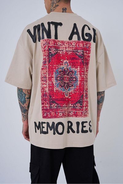 Machinist Ανδρικό T-shirt Vintage Memories Printed Oversize ανοιχτό μπεζ