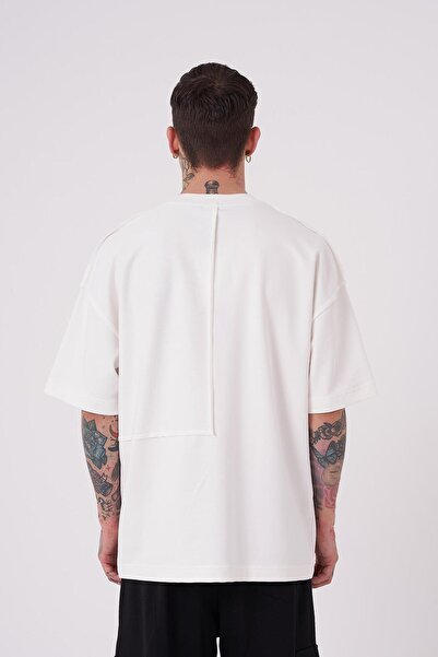 Machinist Men's Reverse Sttich Printed Oversize Ecru T-Shirt