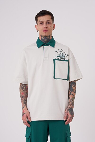 Machinist Men's Gray Polo Neck Flowers Printed T-Shirt