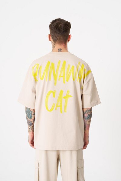 Machinist Ανδρικό μπλουζάκι Runaway Cat με στάμπα Oversize ανοιχτό μπεζ