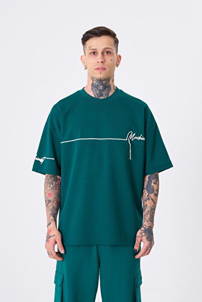 Machinist Мъжка машинист бродирана прекалено голяма петролно зелена тениска