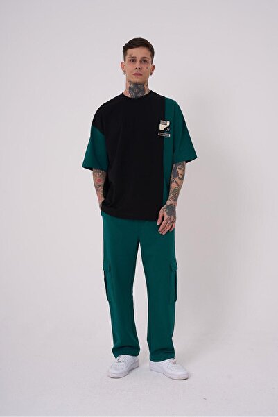 Machinist Ανδρικό μπλουζάκι με τεχνικό κέντημα oversized μαύρο πετρελαιοπράσινο