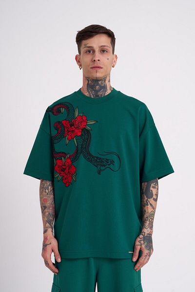 Machinist Men's Sneaking Roses Embroidered Oversize Petrol Green T-Shirt