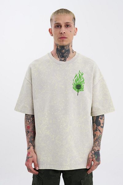 Machinist Tricou supradimensionat pentru bărbați, bej deschis - lavabil, imprimat cu perie, cu pete