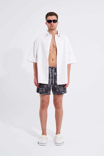 Machinist Men's Black Swim Shorts - Patchwork Lines Printed