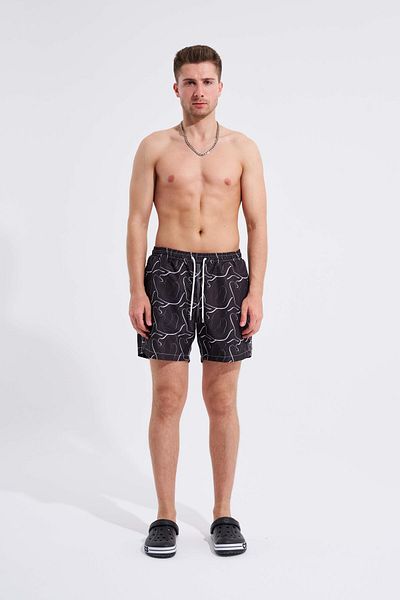 Machinist Men's Black and White Striped Printed Swim Shorts