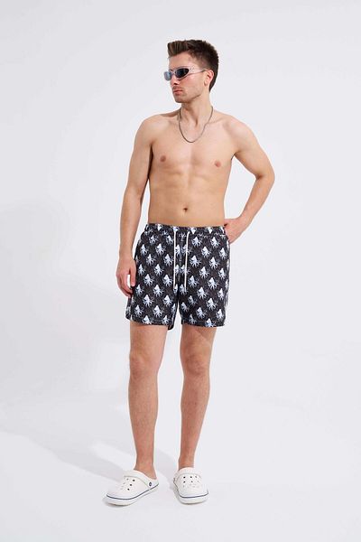 Machinist Men's Black and White Octobus Printed Swim Shorts