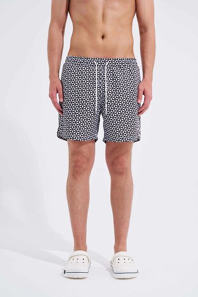 Machinist Men's Black and White Geometric Stars Printed Swim Shorts