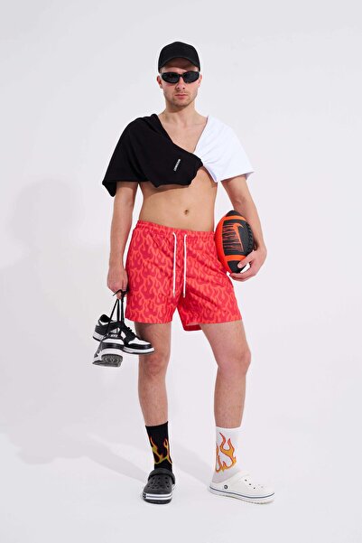 Machinist Men's Red Flames Printed Swim Shorts