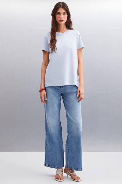GRIMELANGE Samantha pentru femei - 100% bumbac organic, tricou tricotat albastru cu spatele lung