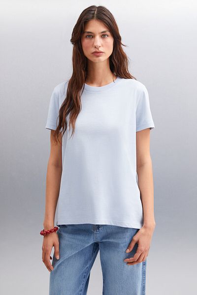 GRIMELANGE Samantha pentru femei - 100% bumbac organic, tricou tricotat albastru cu spatele lung