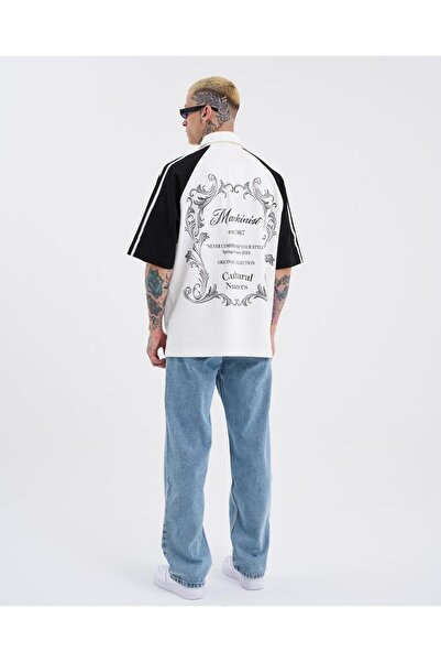 Machinist Ecru Black Polo Neck Men's T-Shirt - Striped Sleeves Printed