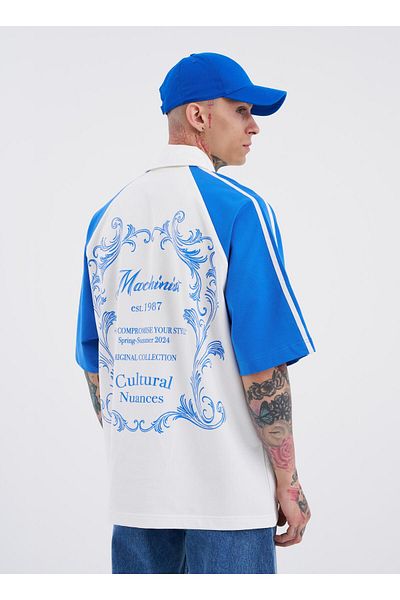 Machinist Ecru Blue Polo Neck Men's T-Shirt - Striped Sleeves Printed