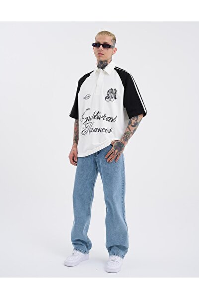 Machinist Ecru Black Polo Neck Men's T-Shirt - Striped Sleeves Printed