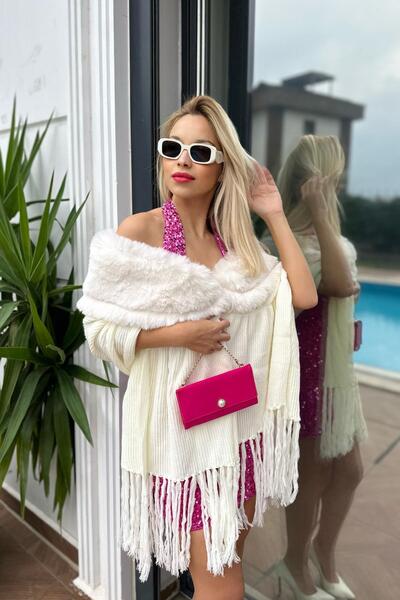 For Angels White Fur Collar Tassel Poncho2370501STD